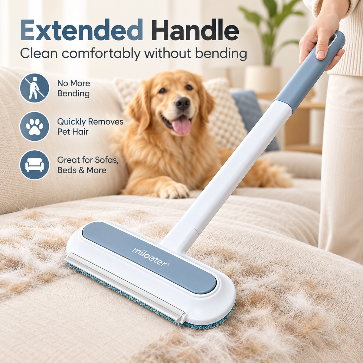 miloeter® Extended Handle Pet Hair Remover for Sofas, Beds & Carpets