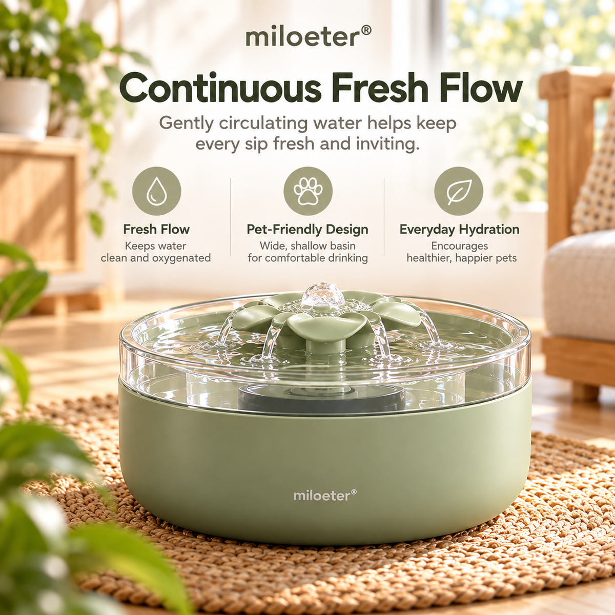 miloeter® 2.5L Flower Flow Pet Water Fountain for Cats & Dogs