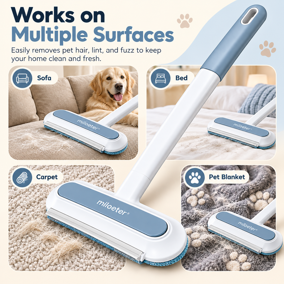 miloeter® Extended Handle Pet Hair Remover for Sofas, Beds & Carpets