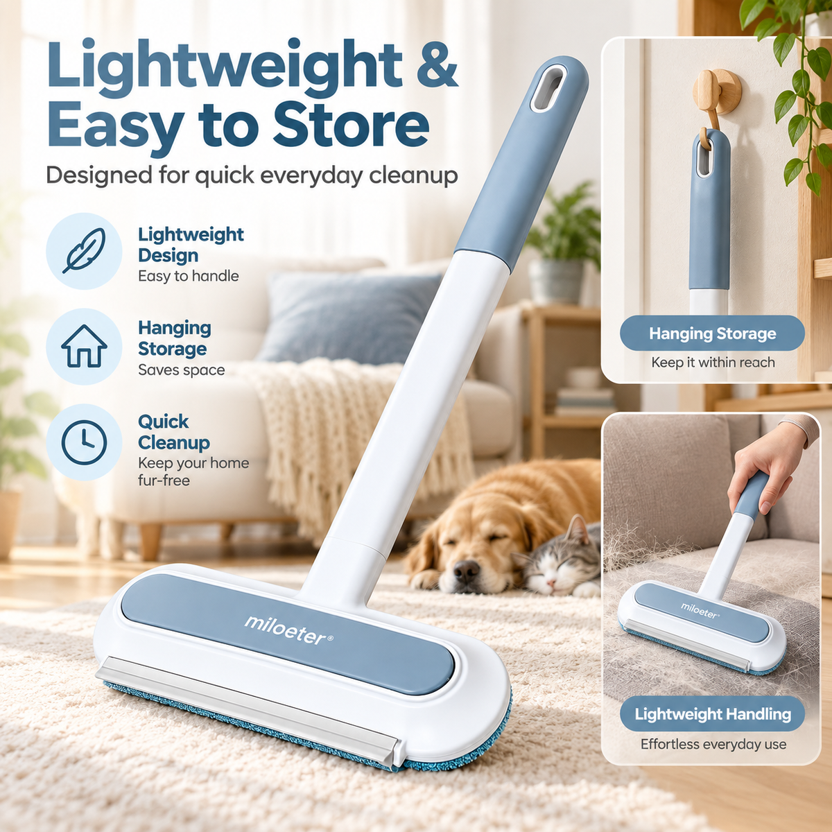 miloeter® Extended Handle Pet Hair Remover for Sofas, Beds & Carpets