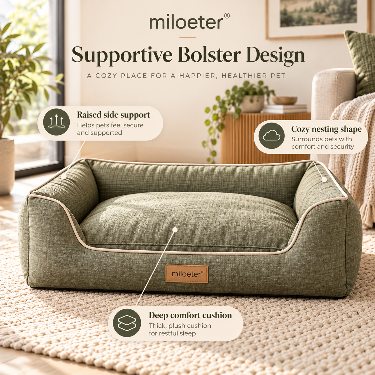 miloeter® Supportive Bolster Pet Bed for Dogs & Cats